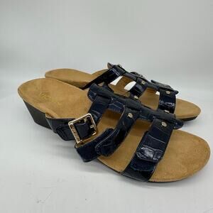 Vionic Radia Slip On Wedge Patent Croc Leather Blue Sandal Womens Size 9